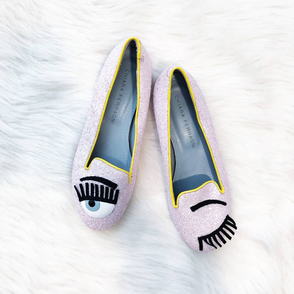 Chiara Ferragni Pink Glitter Wink Eye Flats Italian Designer